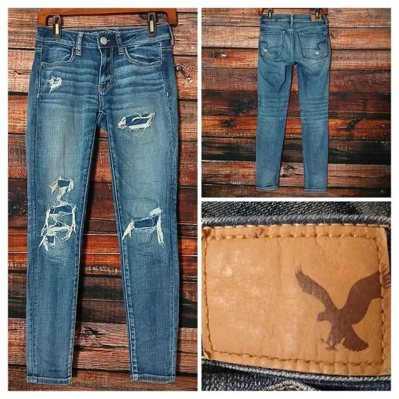 American Eagle Jeans Size 2 Short Ripped Patched Jegging Stretch Distressed - Picture 1 of 10